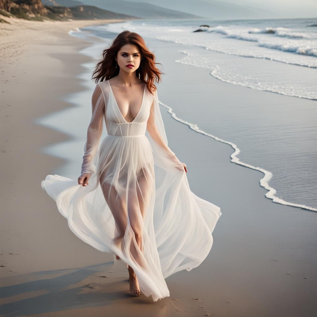 beautiful Selena Gomez on a serene beach