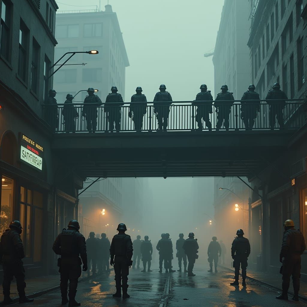 Dystopian Cityscape with Two-Tiered Police Force