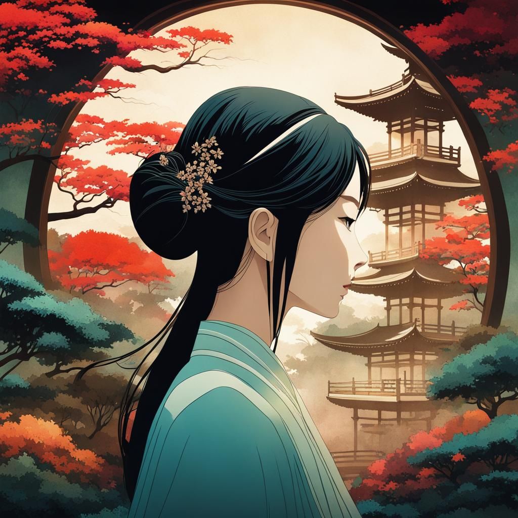 Surreal Zen Garden Goddess in Cel-Shaded Anime Style