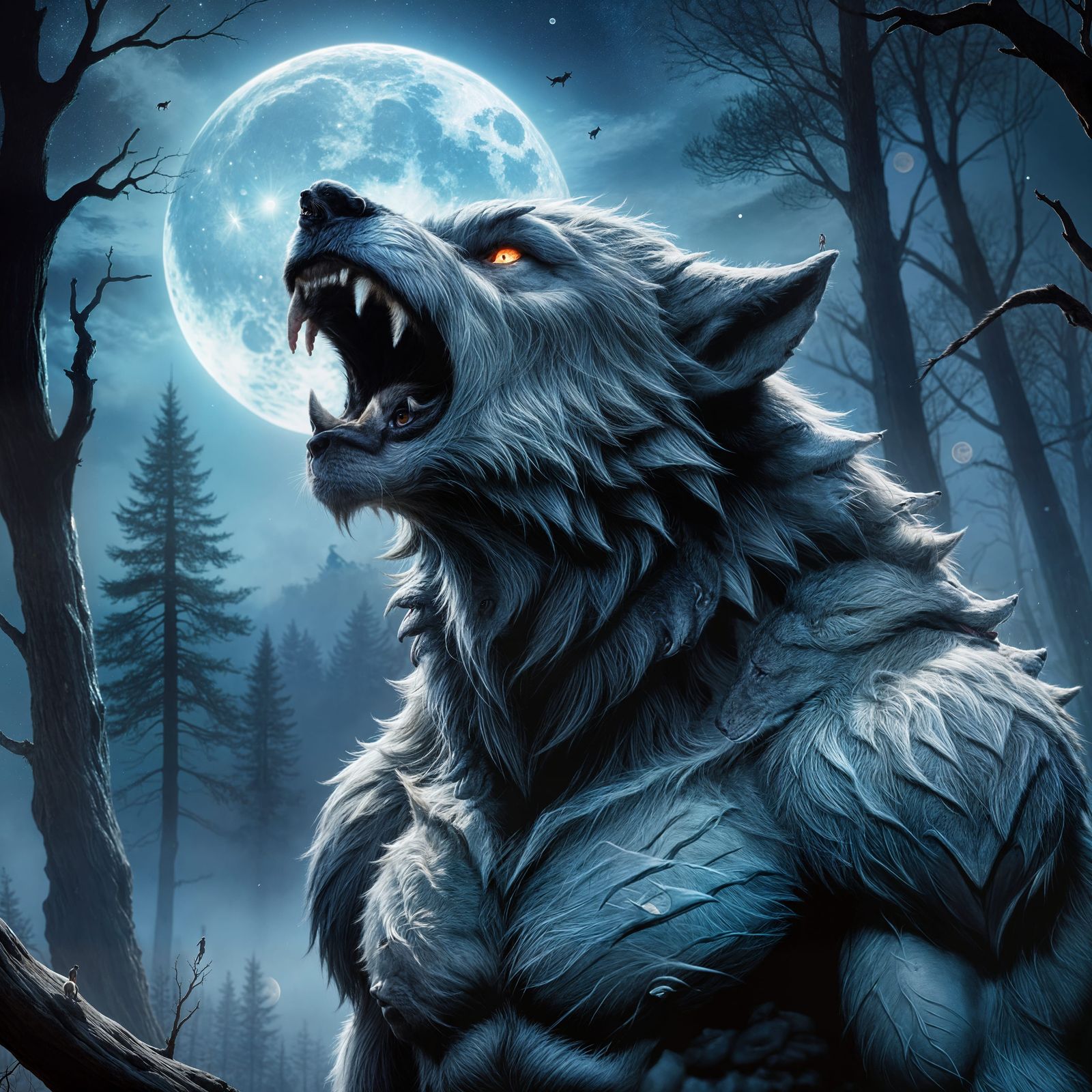 Werewolf Howling at a Glowing Full Moon