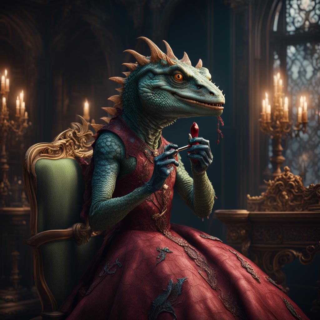 Evil Lizard's Glamorous Transformation: Detailed Fantasy Art