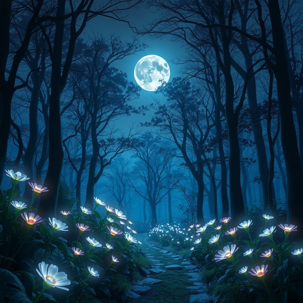 Enchanted Moonlit Forest with Glowing Flora, Fantasy Art