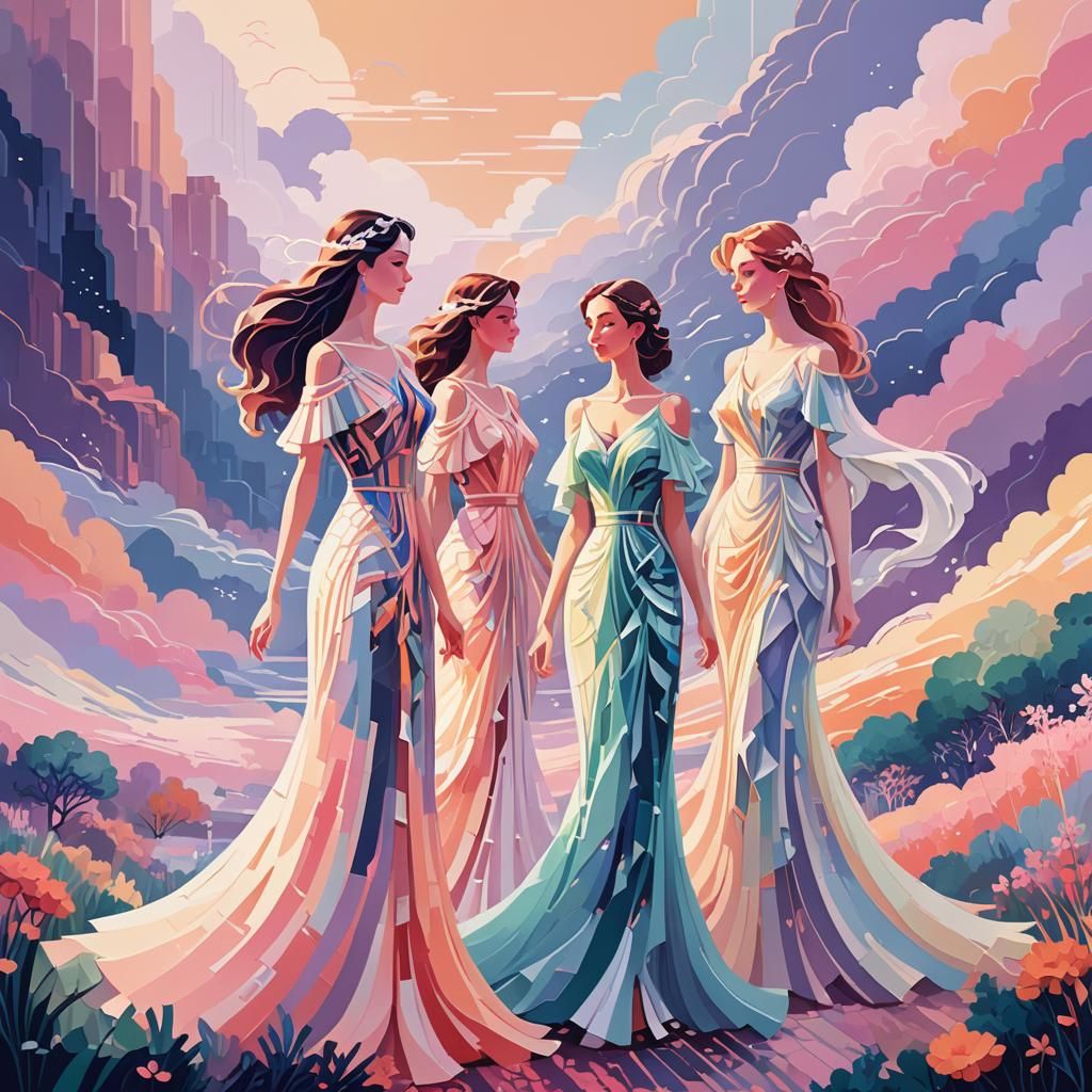Elegant Ladies in Dreamlike Pixel Art Landscape