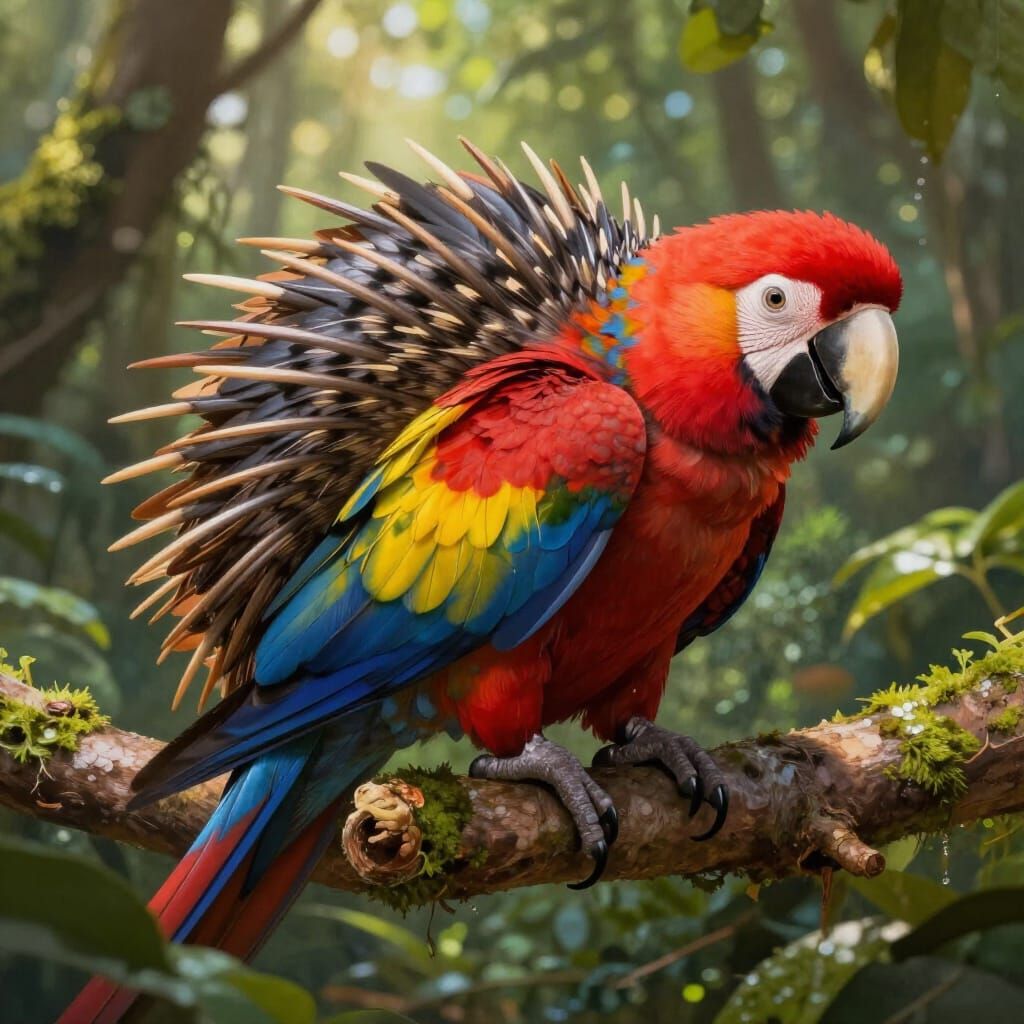 Fantastical Parrot-Echidna Hybrid in Rainforest