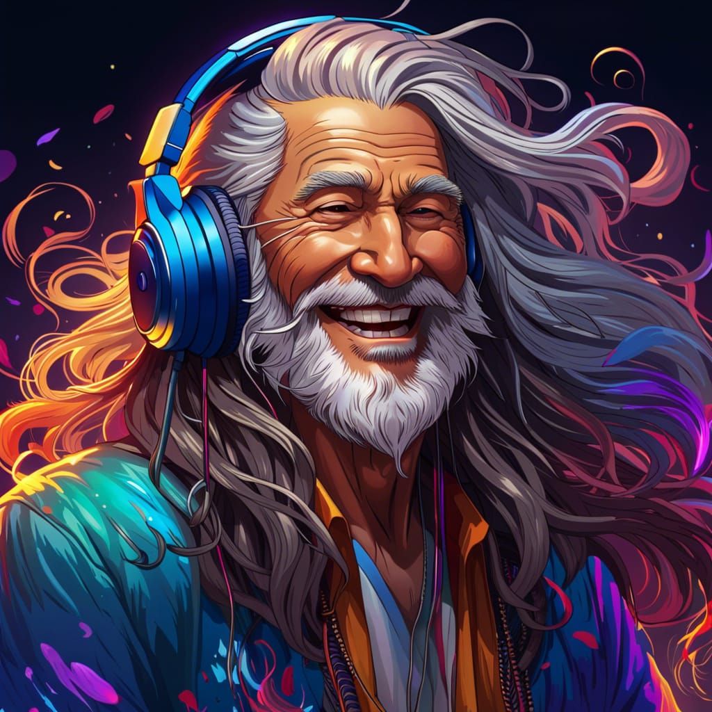 Hyperrealistic Anime Portrait: Old Man Listening to Music