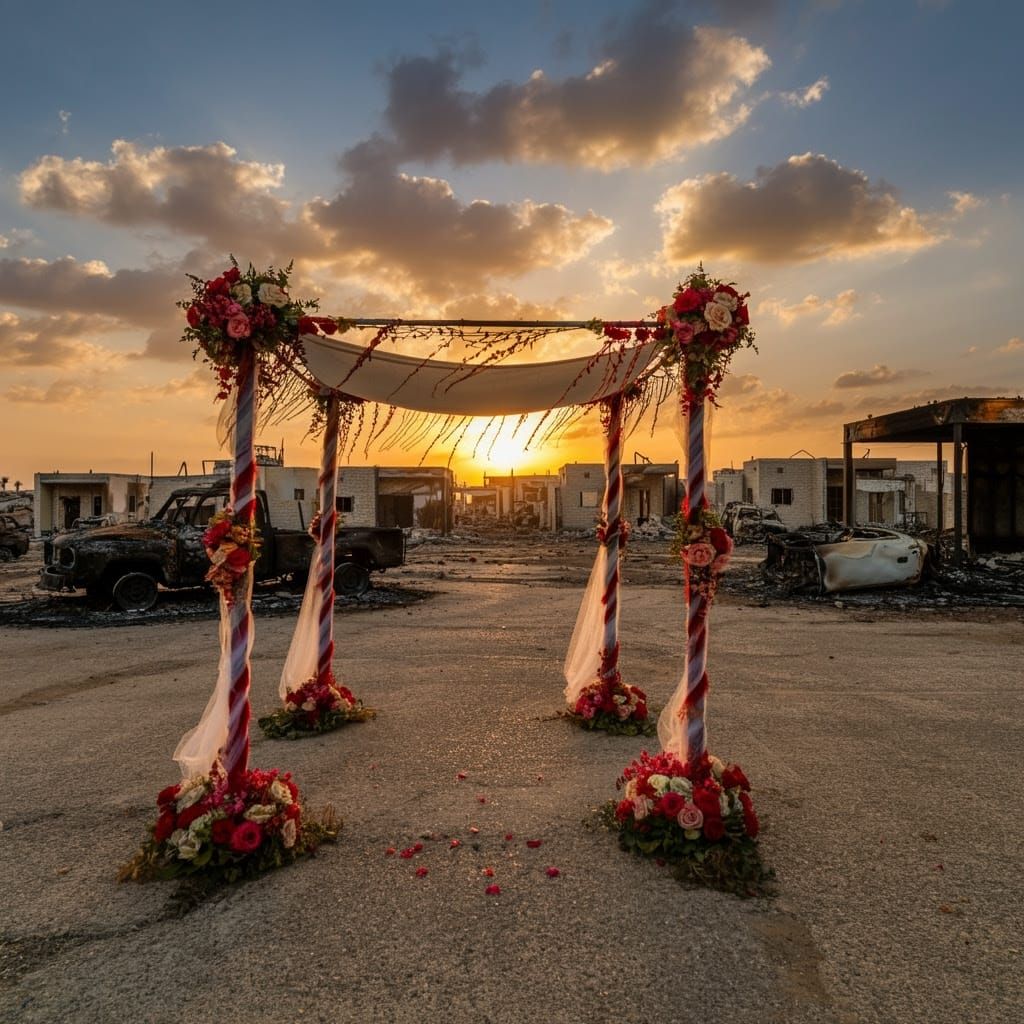 Hope Reborn in Ruins: A Symbolic Wedding Chuppah at Sunset