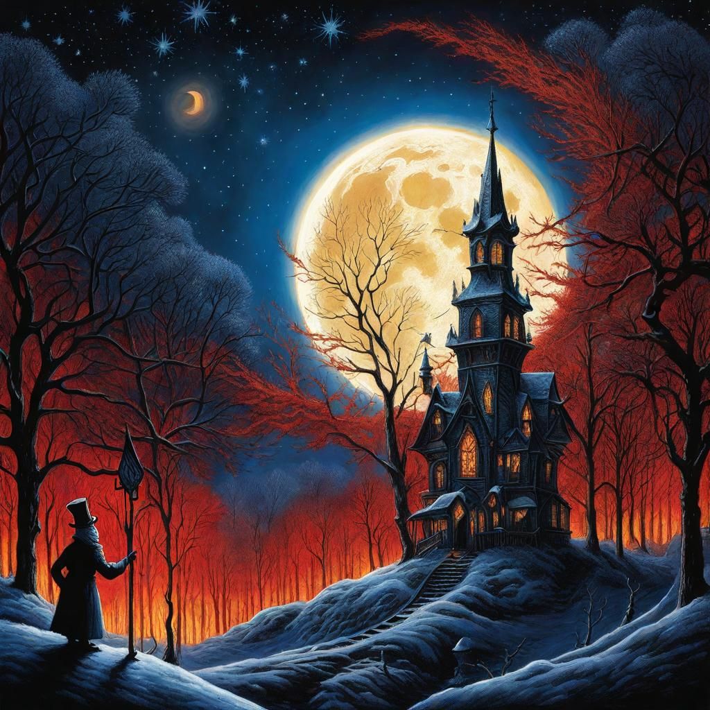High Gothic Horror Snowman in Burning Winter Landscape