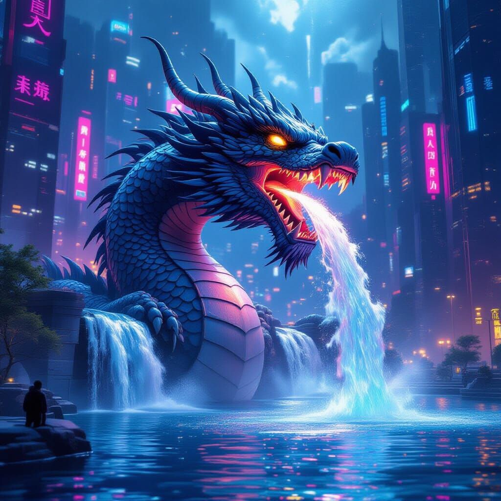 Futuristic Dragon Fountain in Cyberpunk City