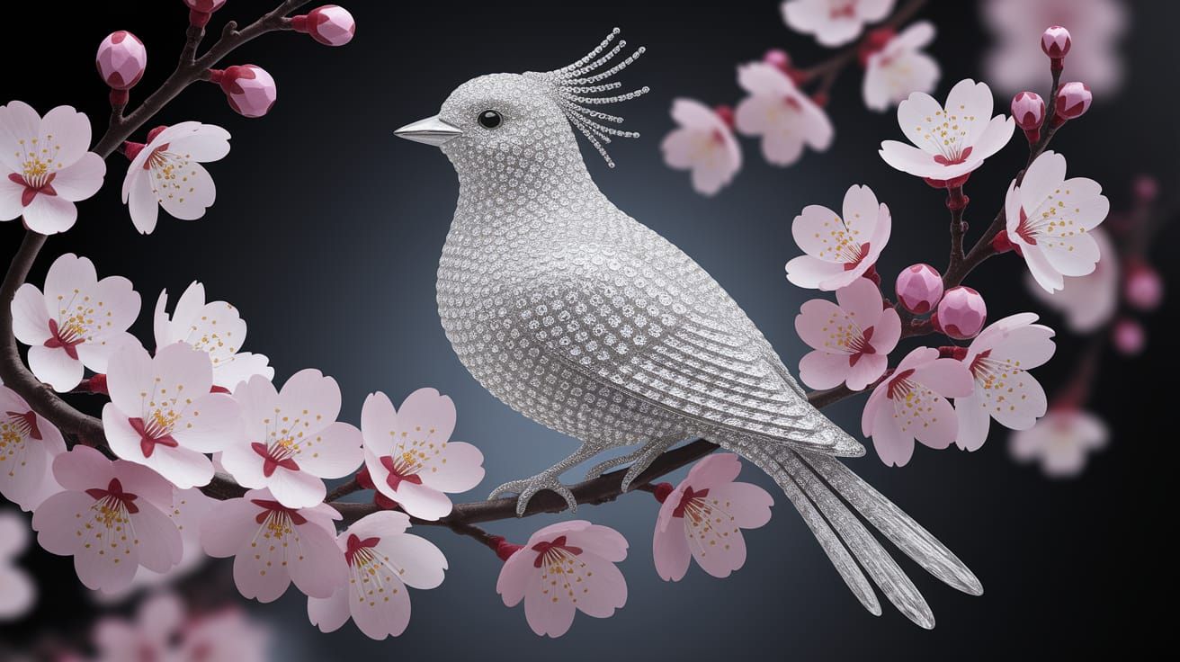 Crystal Diamond Bird on Cherry Blossoms in Leroy Neiman Styl...