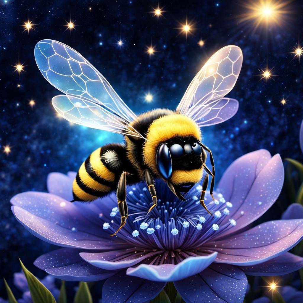 Bee on Starry Flower, Hyperrealistic Fantasy Art