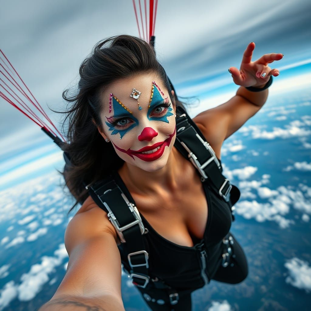 Diamond Clown Skydiving Portrait in Cinematic Style