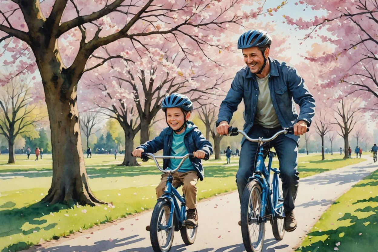 Father Teaches Child to Ride Bike in Park