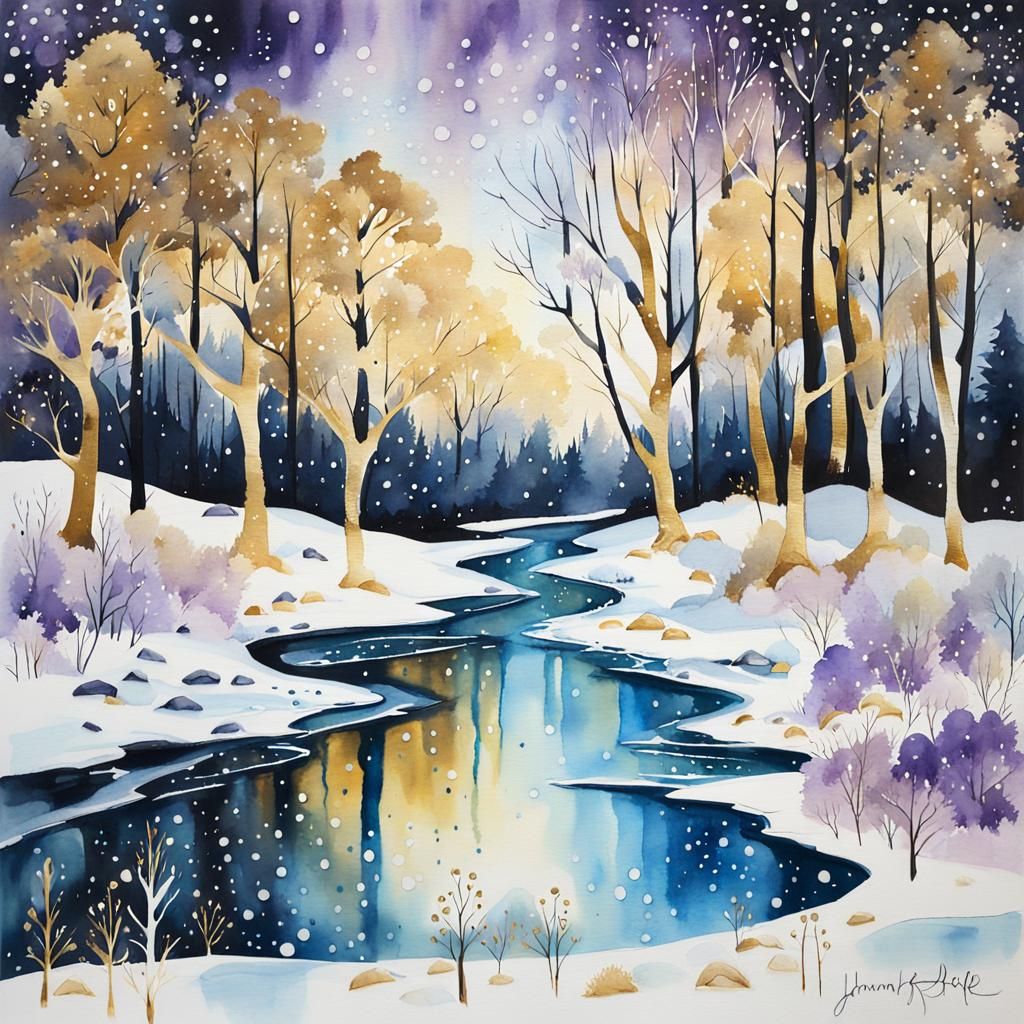 Gold Metallic Winter Landscape with Sparkling Details