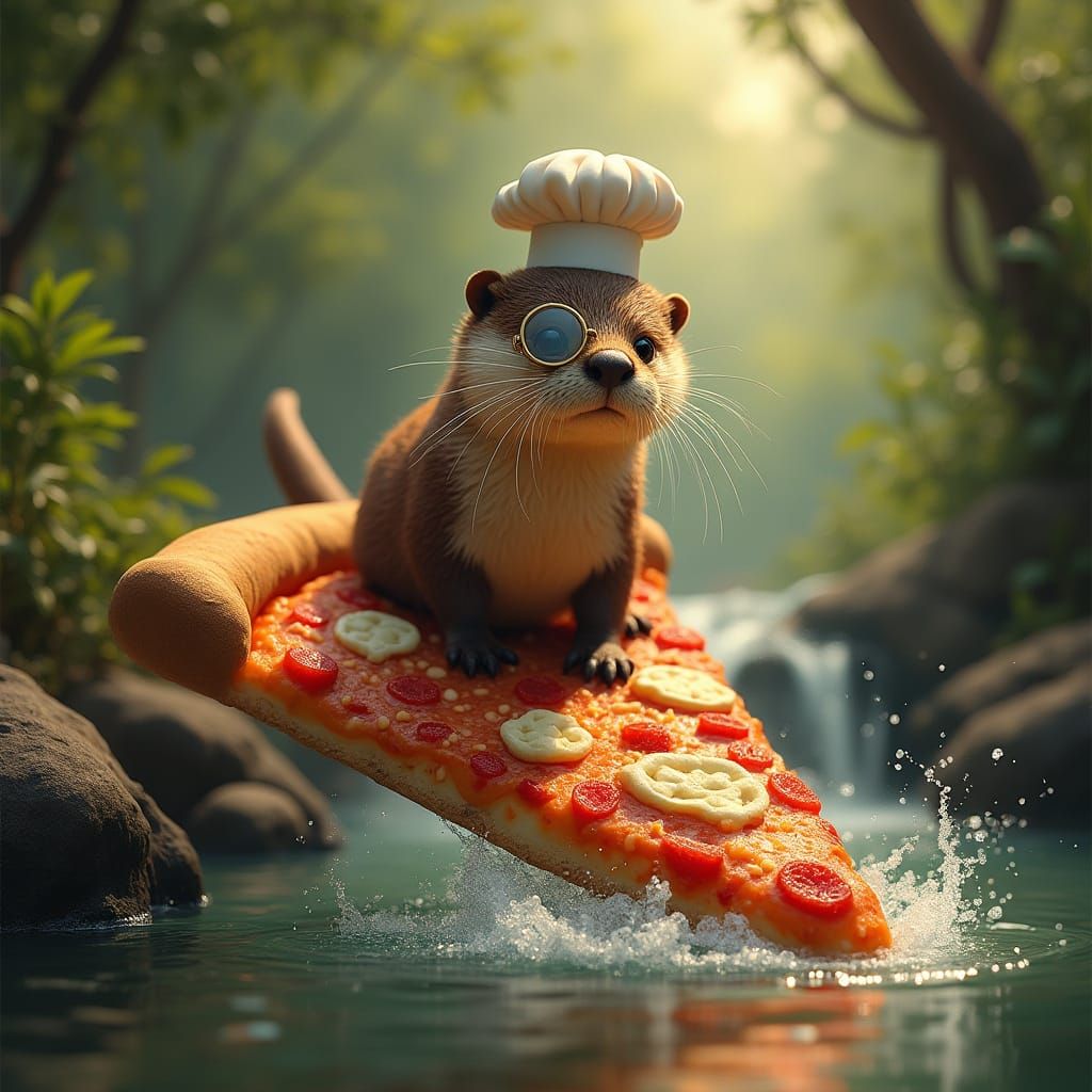 Surreal Otter Chef Rides Pizza River