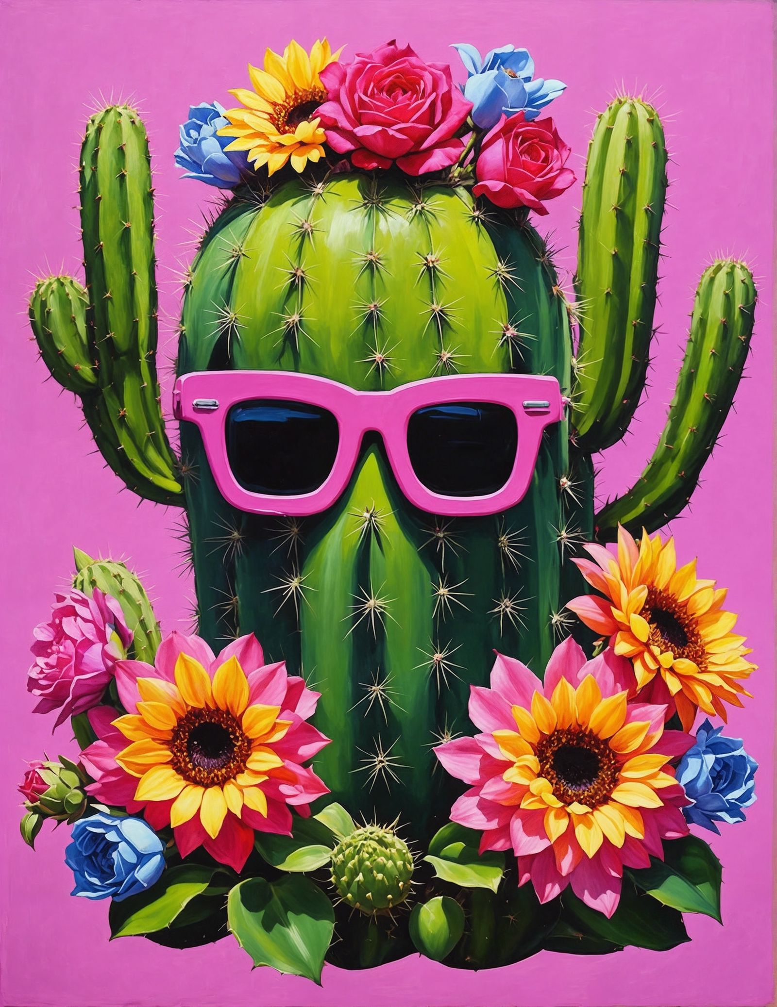 single cactus wearing a flower crown, bright pink roses, orc...