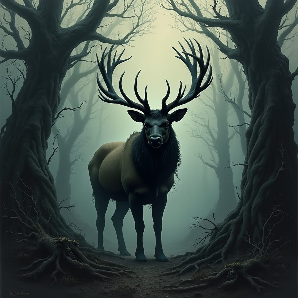 Elk in Dark Mist: Gothic Fantasy Art