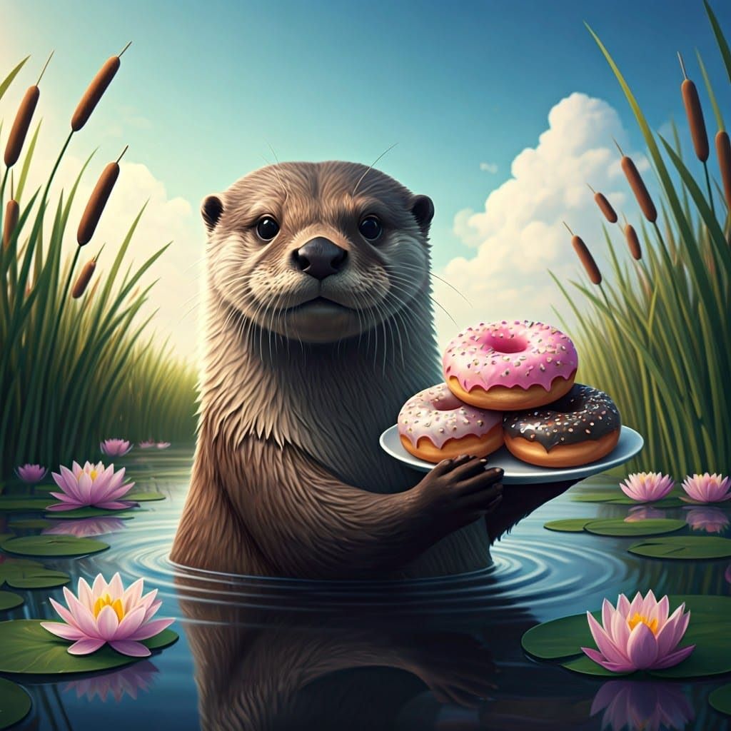 Whimsical Otter Surrounded by Donuts in a Serene Wetland