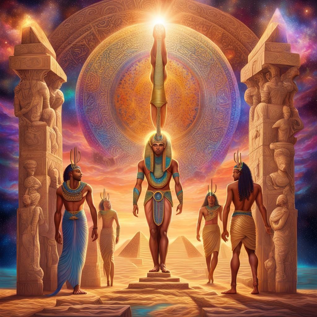 Egyptian Gods in Sands of Time: Holographic Illustration