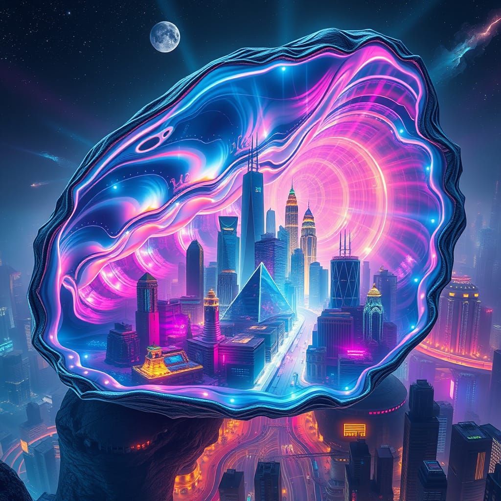 Cosmic Metropolis in Iridescent Oyster Shell