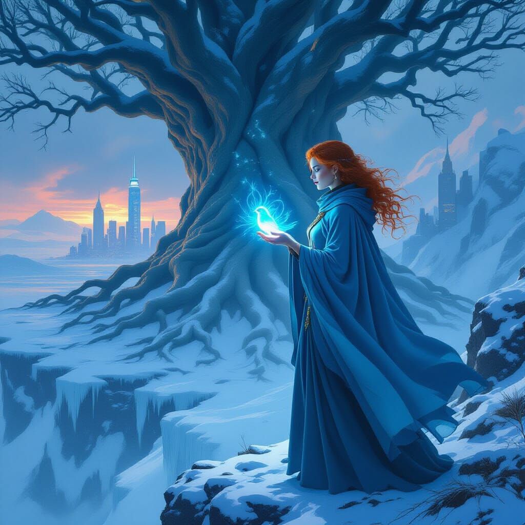 Icy Bluebird in Frozen Landscape, Matte Painting