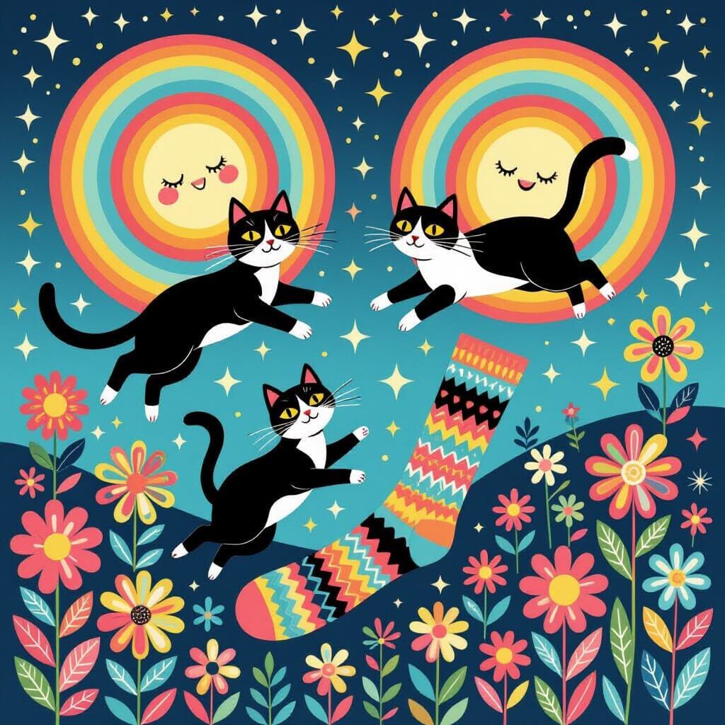 Whimsical Cats Leaping Through Rainbow Wildflowers