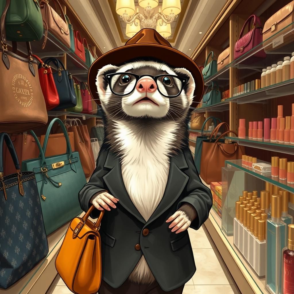 Refined Ferret Shopper in Opulent Still Life