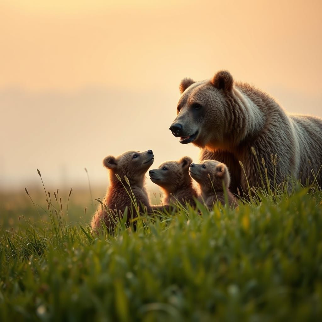 Serenene Morning Encounter with a Grizzly Bear and Her Cubs