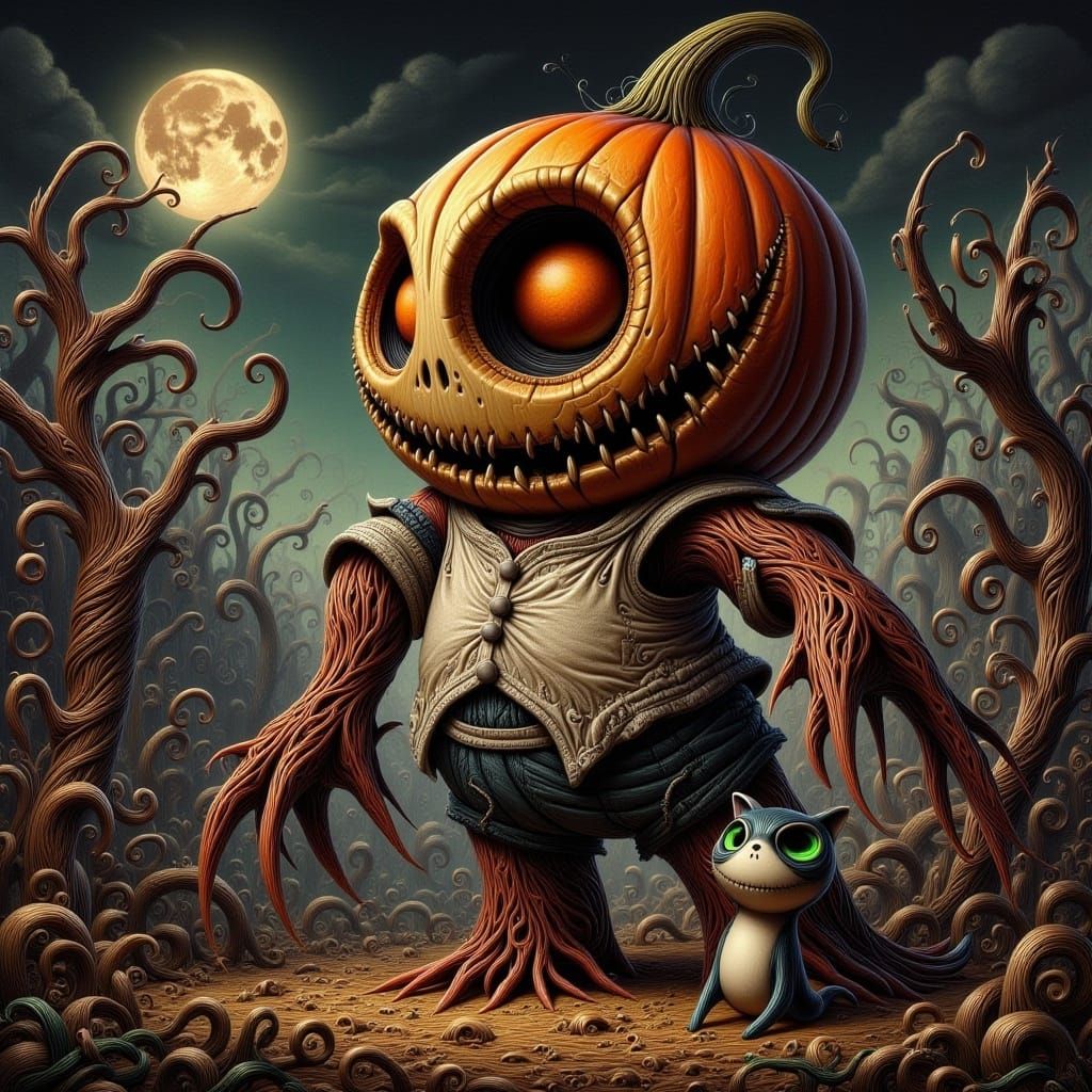Menacing Scarecrow with Pumpkin and Cat in Dark Landscape