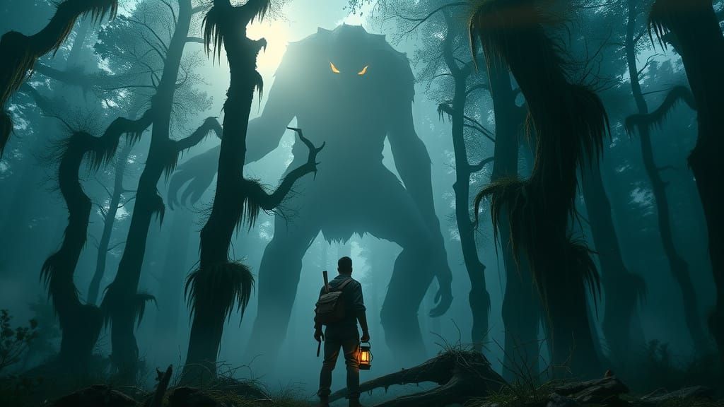 Mysterious Adventurer Faces Dark Forest Monster at Twilight
