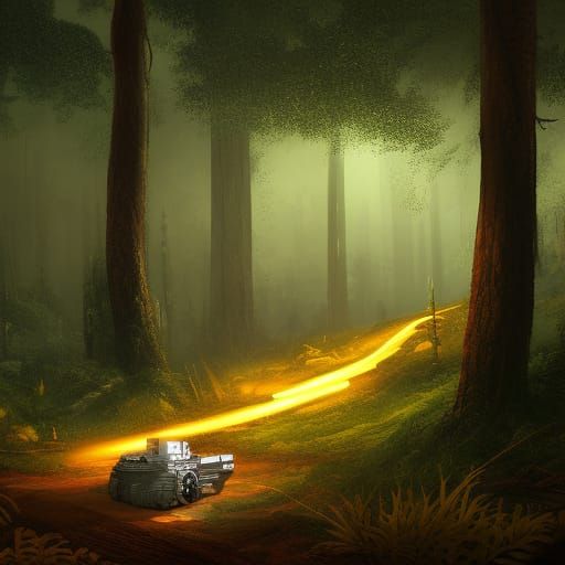 a powerful bulldozer with its headlights on clears a path through the darkness of a dense forest.”