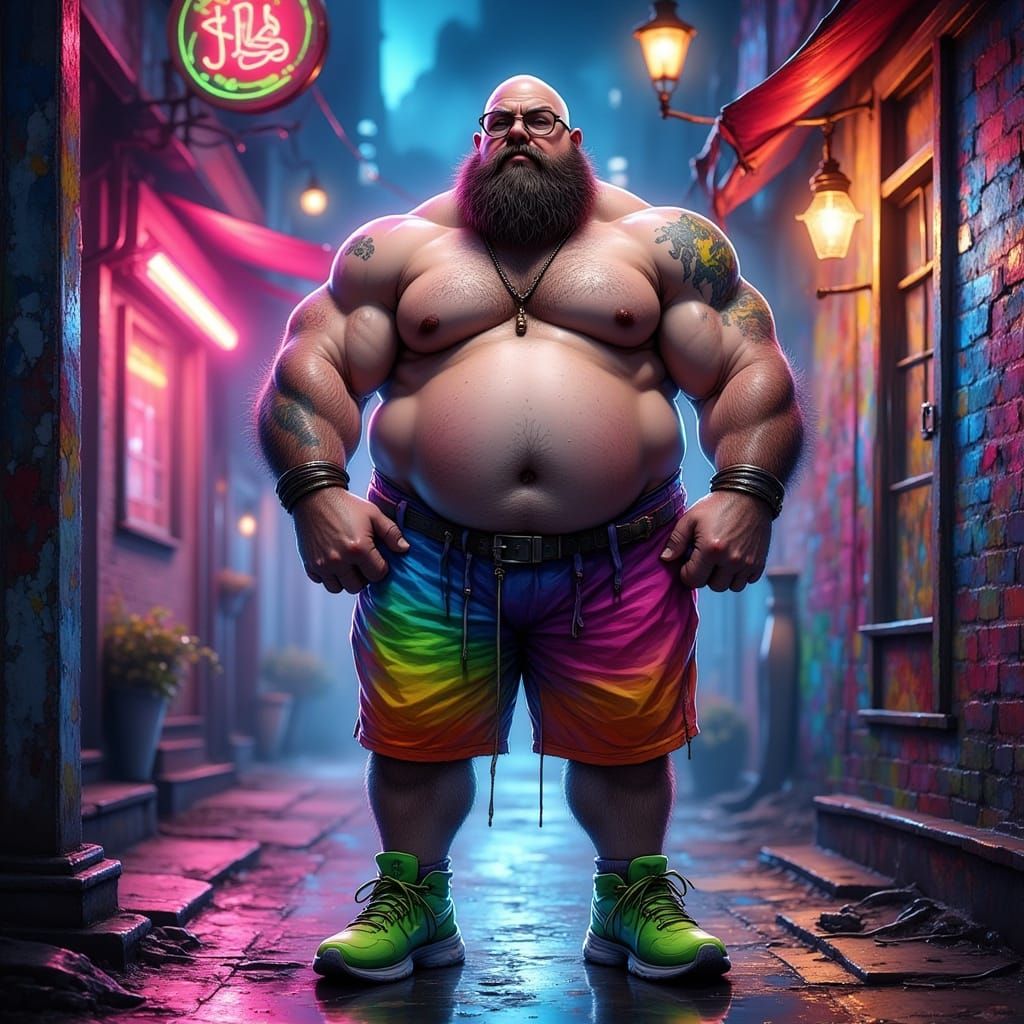 Muscular Bald Man in Magical Urban Night as 90s Hip-Hop Char...