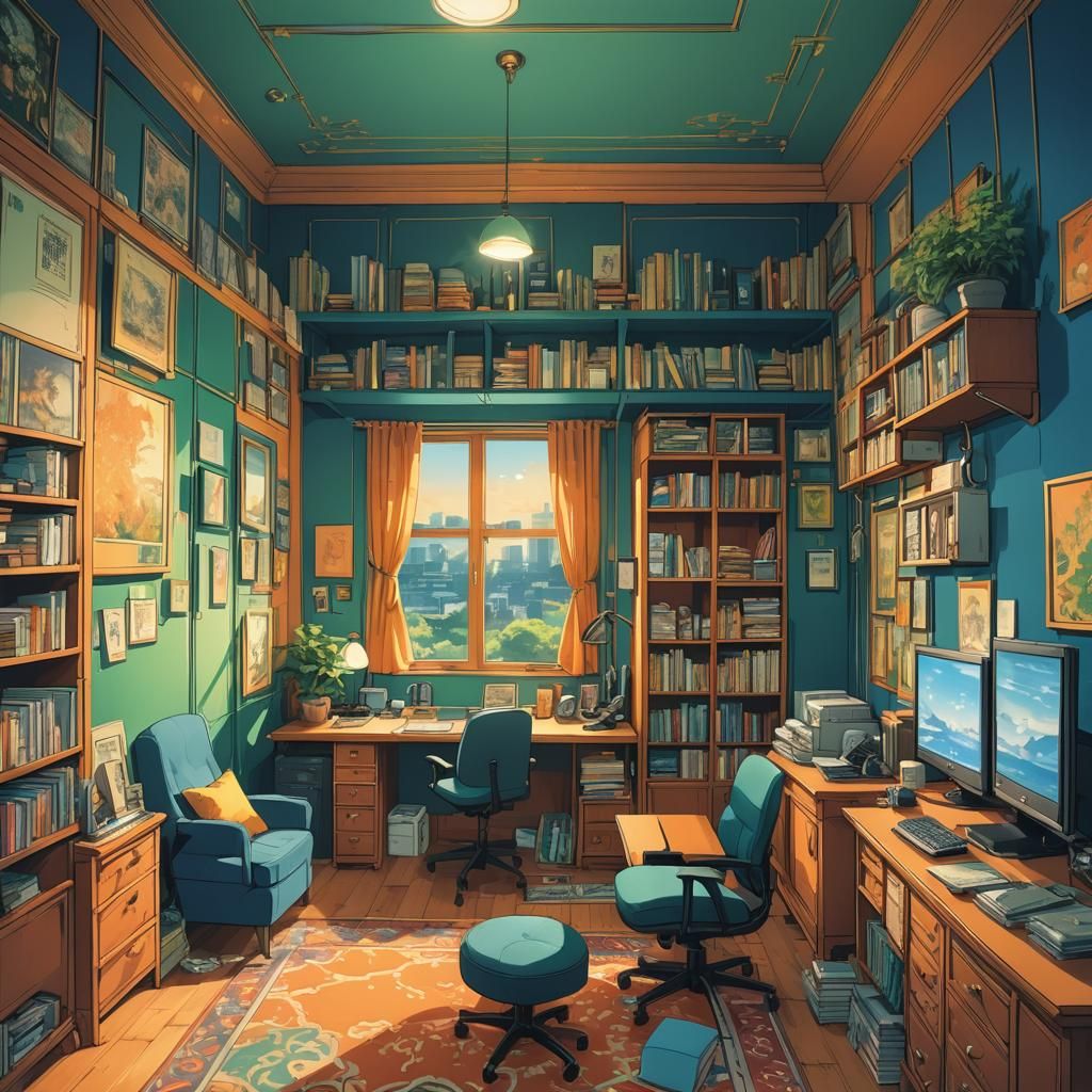 Vibrant Manga Room Interior with Dynamic Color Contrast