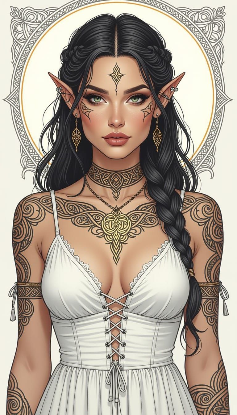 Gothic Elf Woman Sketch with Runic Tattoos