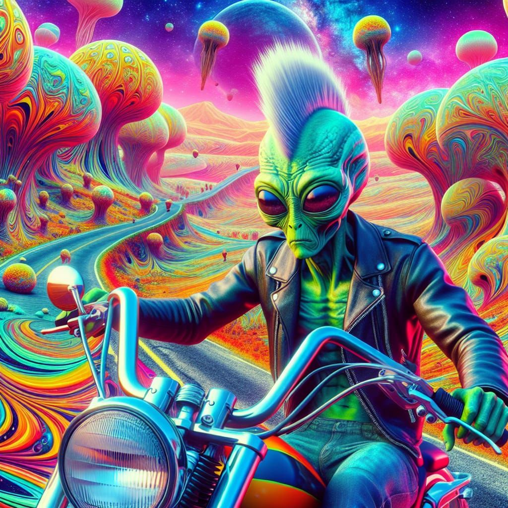 Psychedelic Alien Biker in DMT Dreamscape