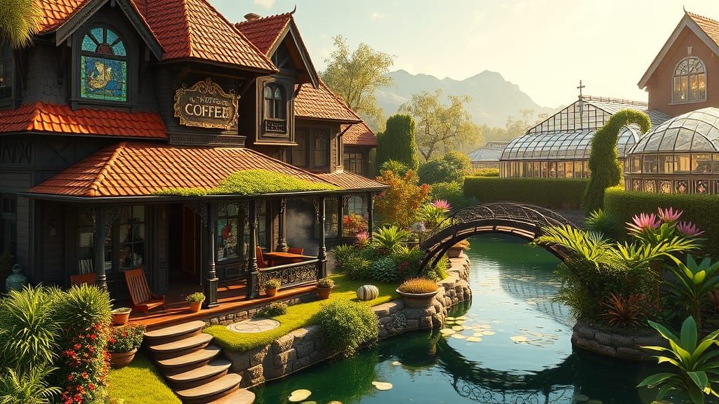 Victorian Mansion Beside Whimsical Coffee Shop and Lagoon