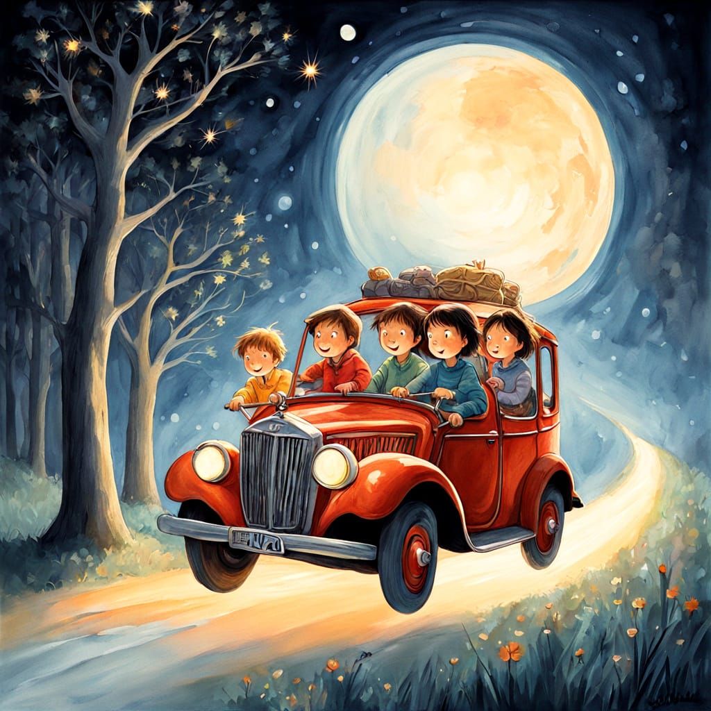 Children's Storybook Illustration: Moonlit Car Ride