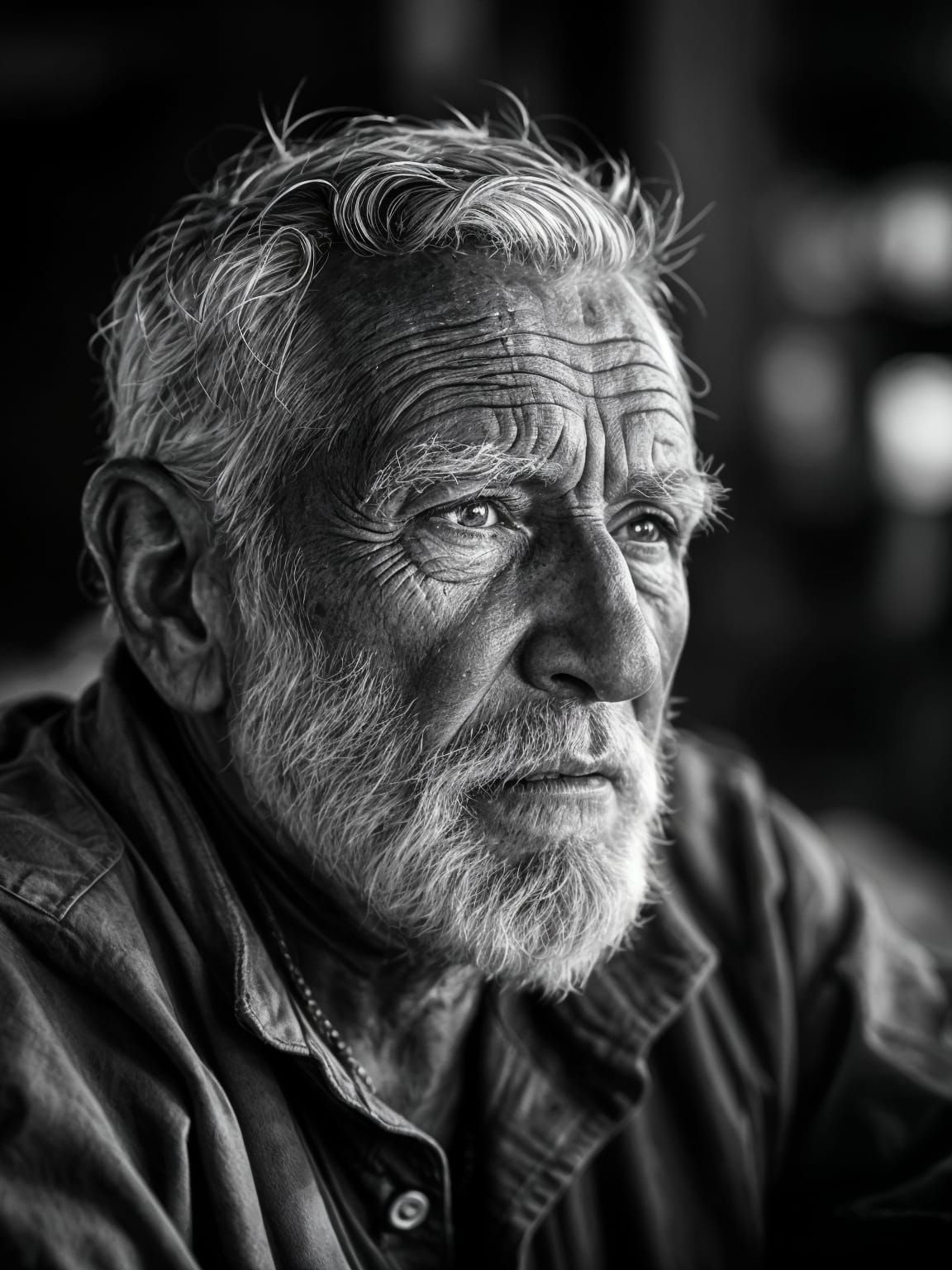 Serene Old Fisherman in Black and White
