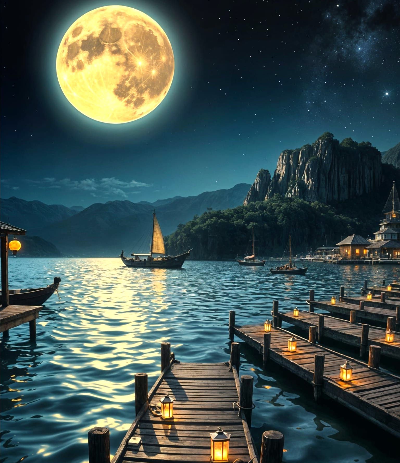 Surreal Moonlit Harbor with Shattered Water