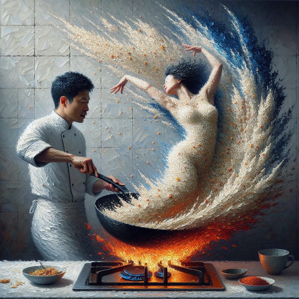 Fried Rice Art: Dancing Woman in Hyperrealistic Impasto Styl...