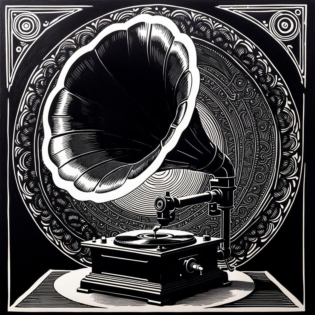 black and white relief print lino cut of a gramophone