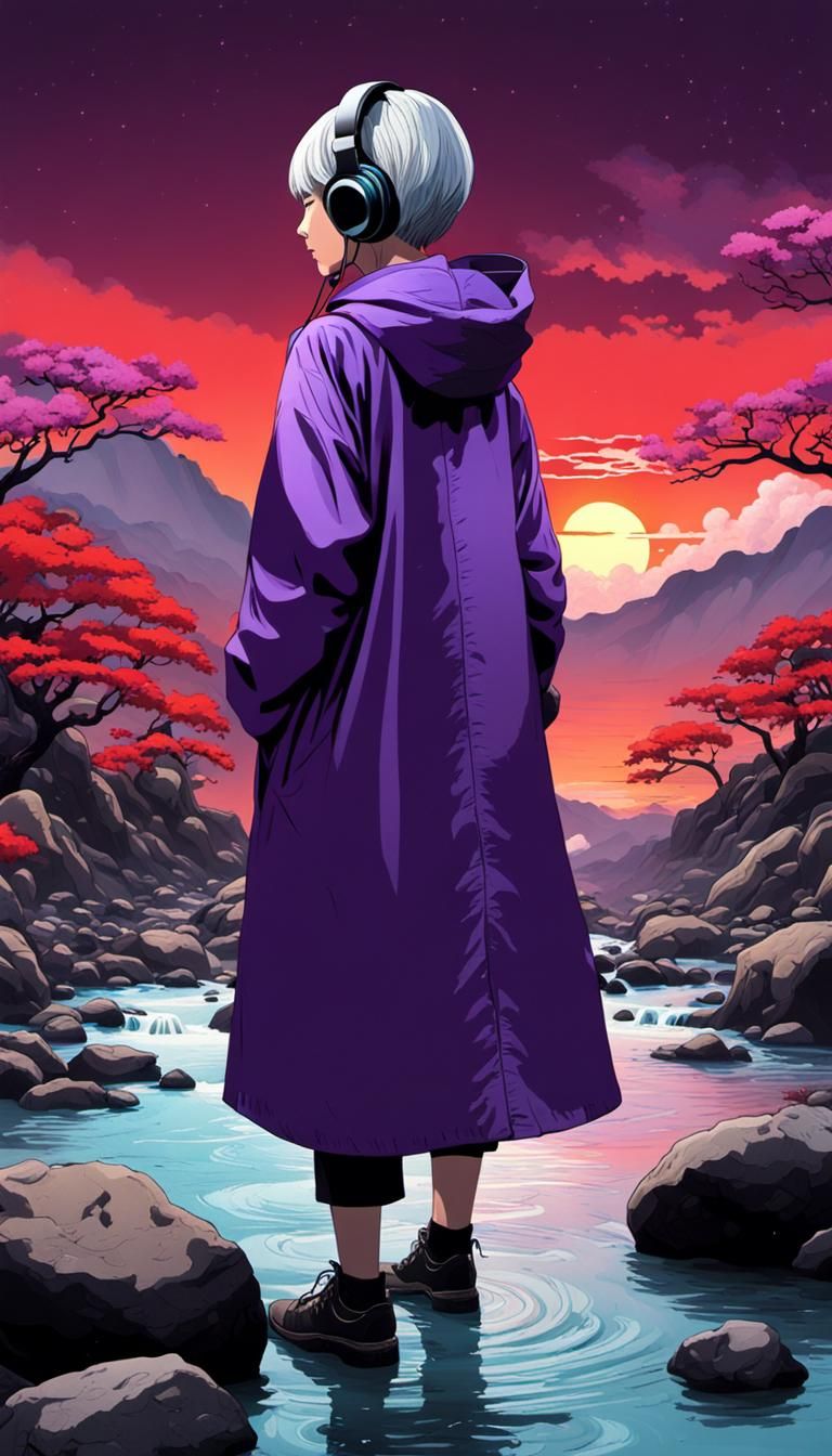 Woman with Purple Raincoat in Ukiyo-e Style