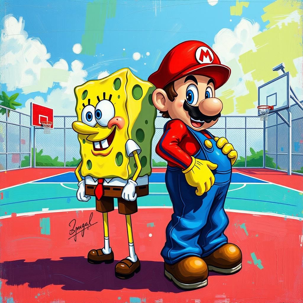 Sponge Bob and Mario on Basketball Court as Oil Painting