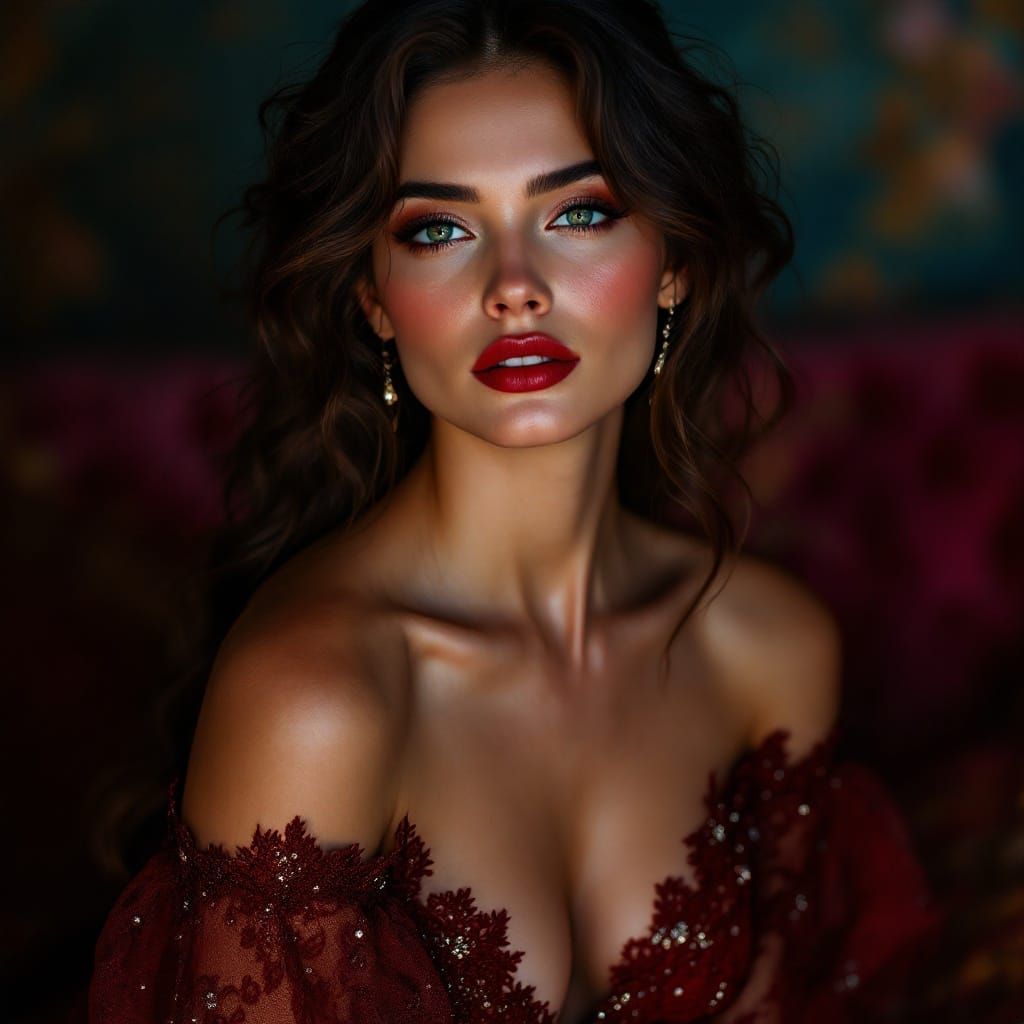 Elegant Brunette in Crimson Night Gown with Intricate Lace