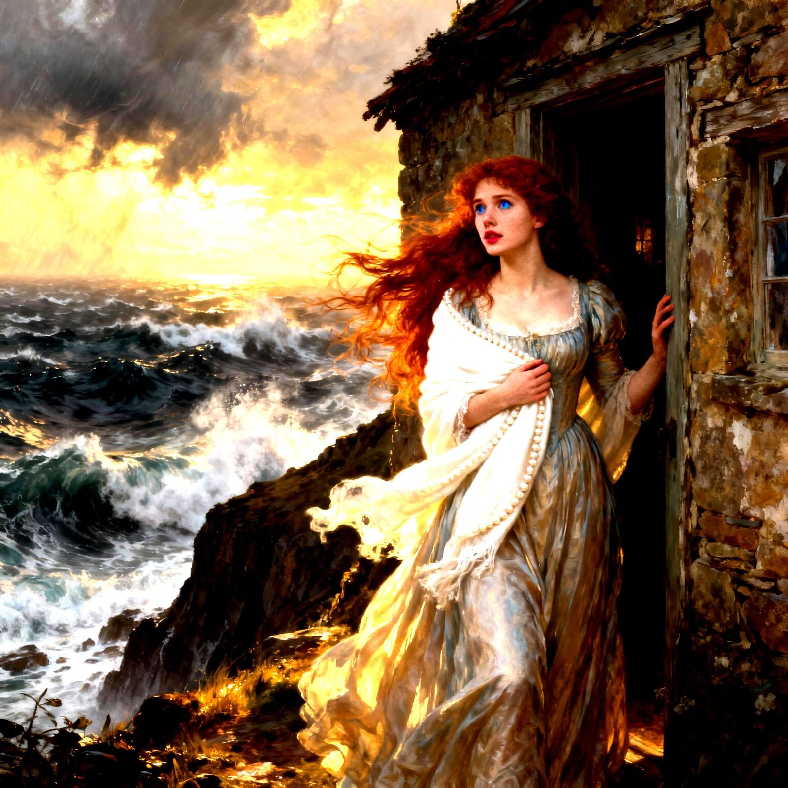Regency Woman Anxiously Views Stormy Sea