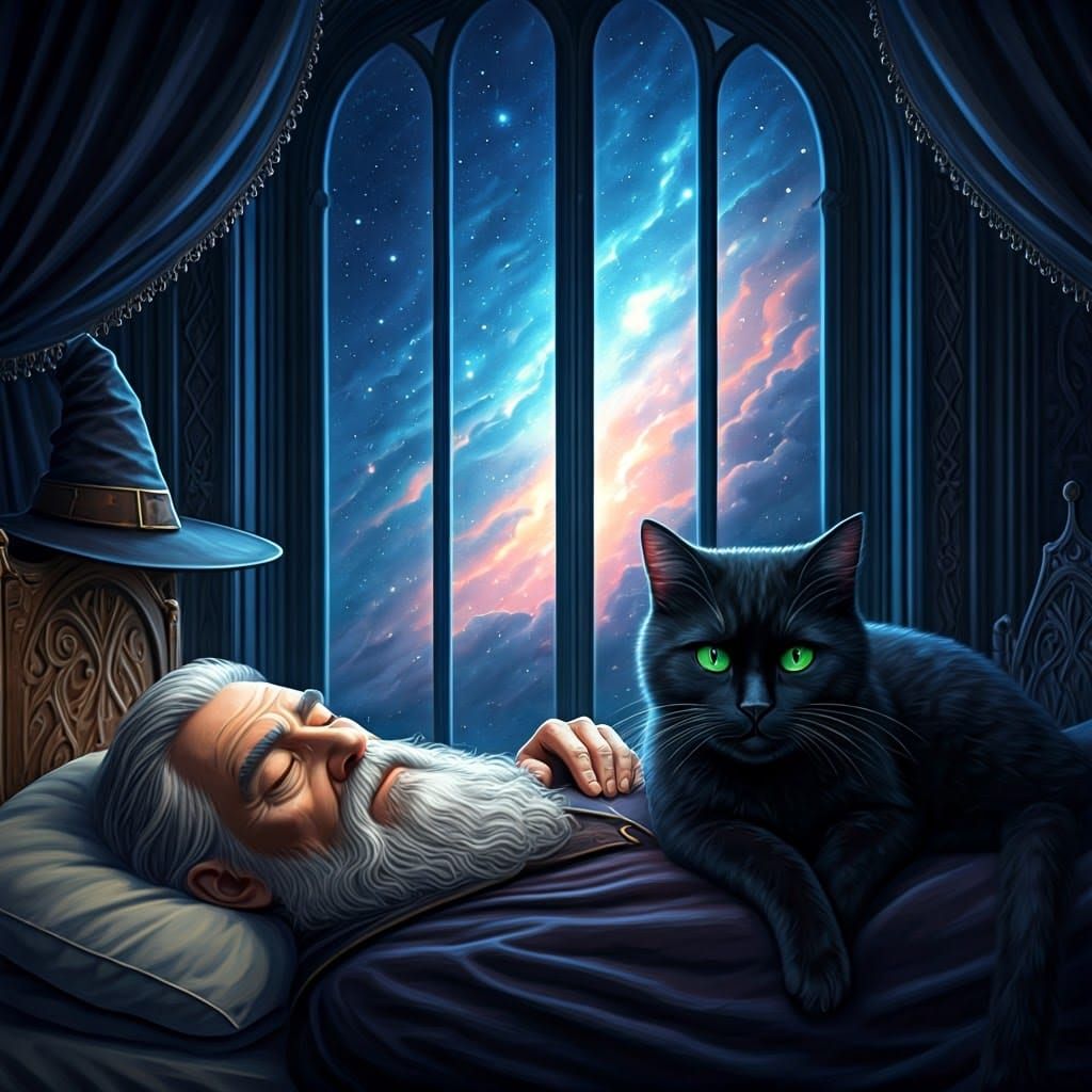 Majestic Castle Cat Watches Over Sleeping Wizard