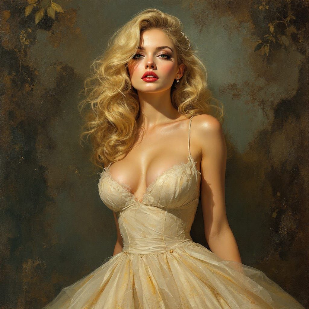 Blonde Pin-Up Girl in Blooming Gown, Atmospheric Tonalism