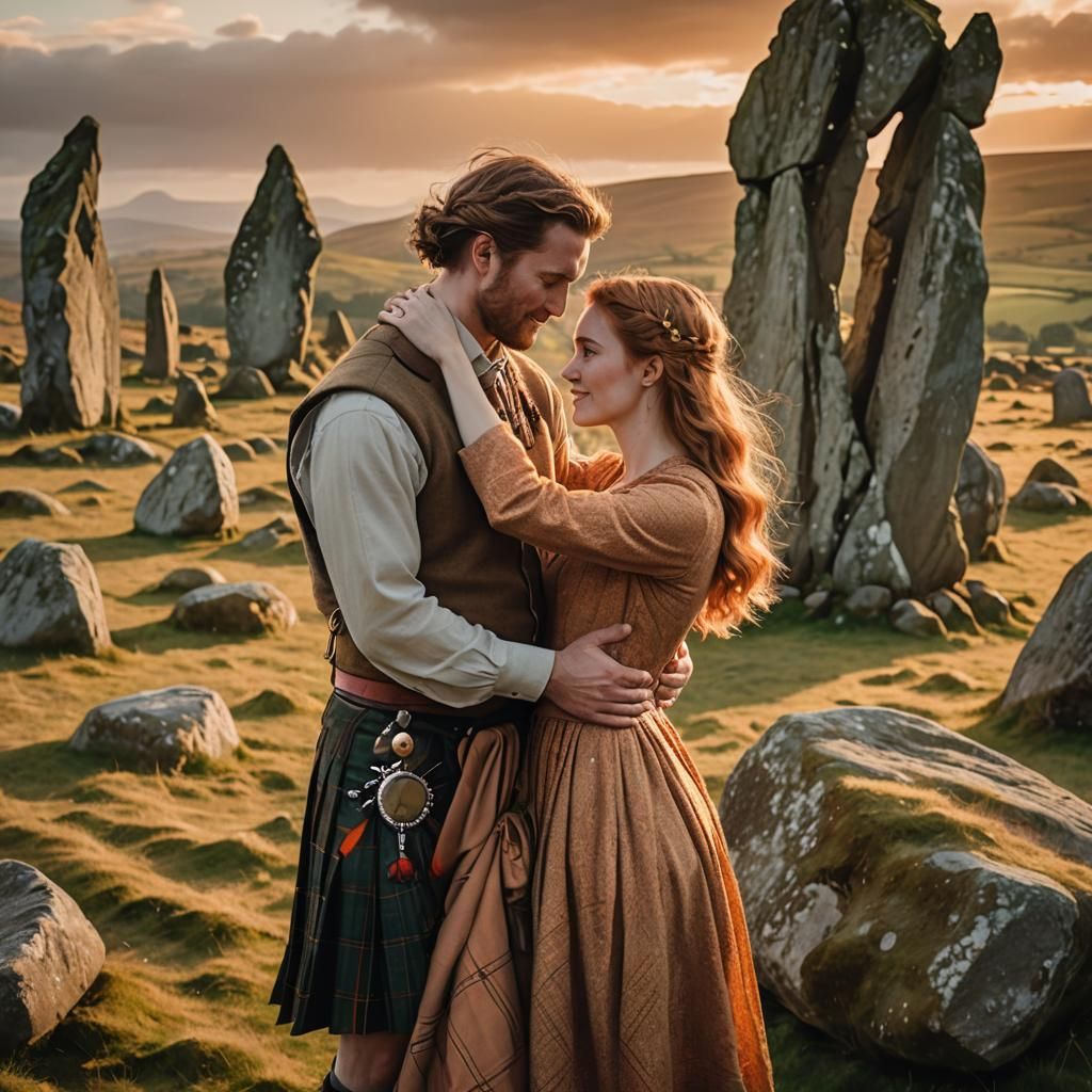 Scottish Couple Embrace in Mystical Landscape
