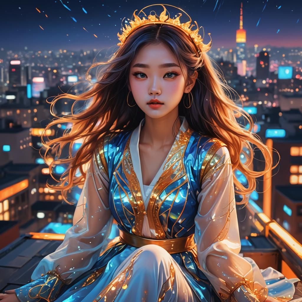 Ethereal K-Pop Star Meditation in Neon Twilight