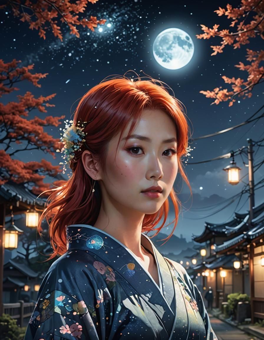 Stunning Red-Haired Woman Under Starry Moonlight