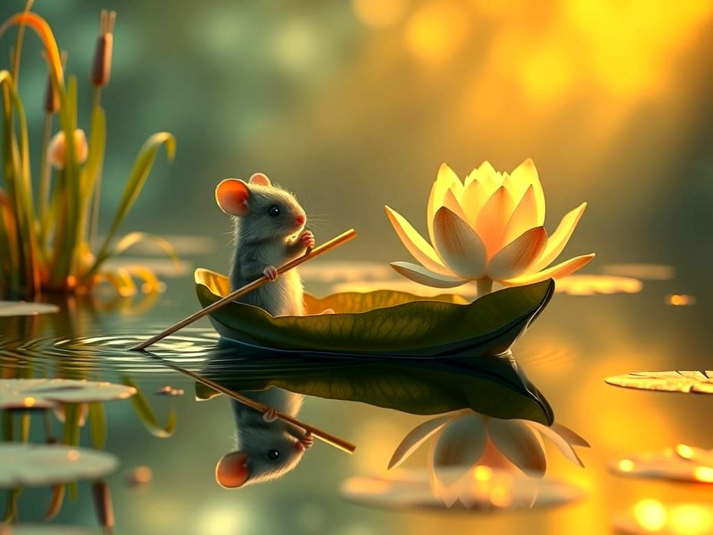 Cute Mouse Rows Leaf Boat with Lotus Flower
